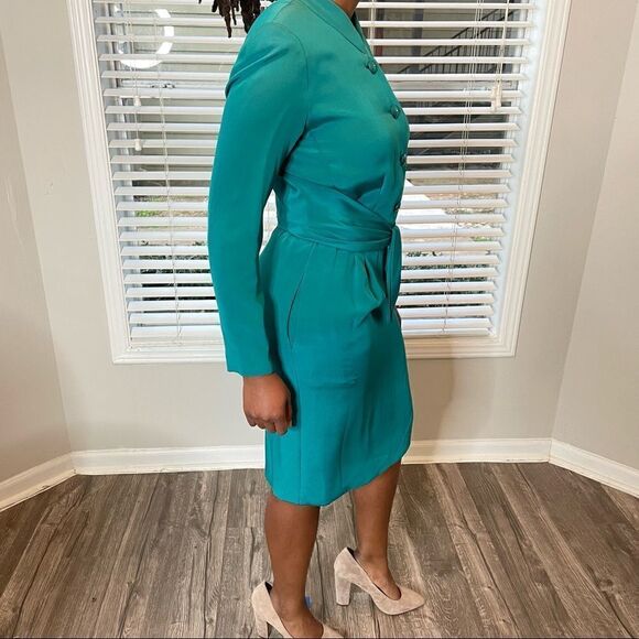 Vintage Mirella Cavorso Neiman Marcus Vintage Silk Teal Midi Dress - Picture 8 of 13